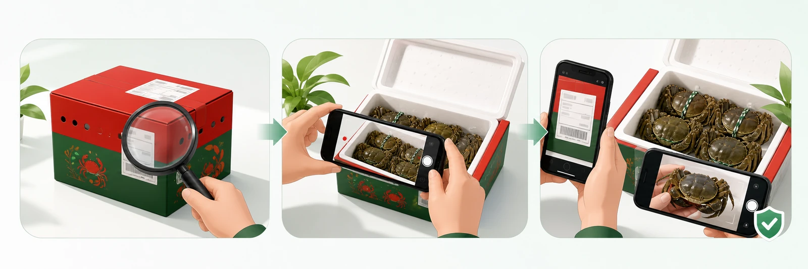 检查外箱、连续录制开箱过程并拍摄面单与大闸蟹的三步验货流程